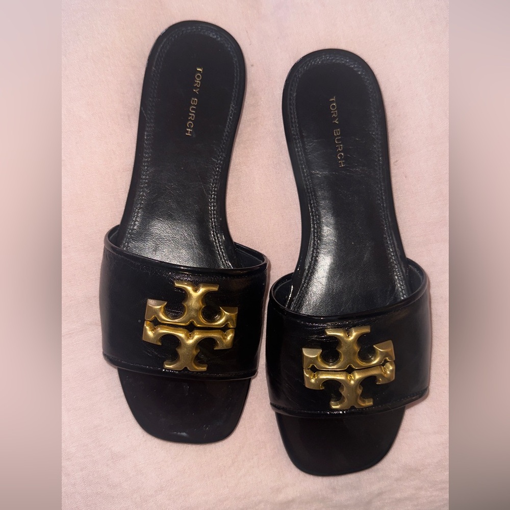 Tory Burch Black and Gold Slide Sandals